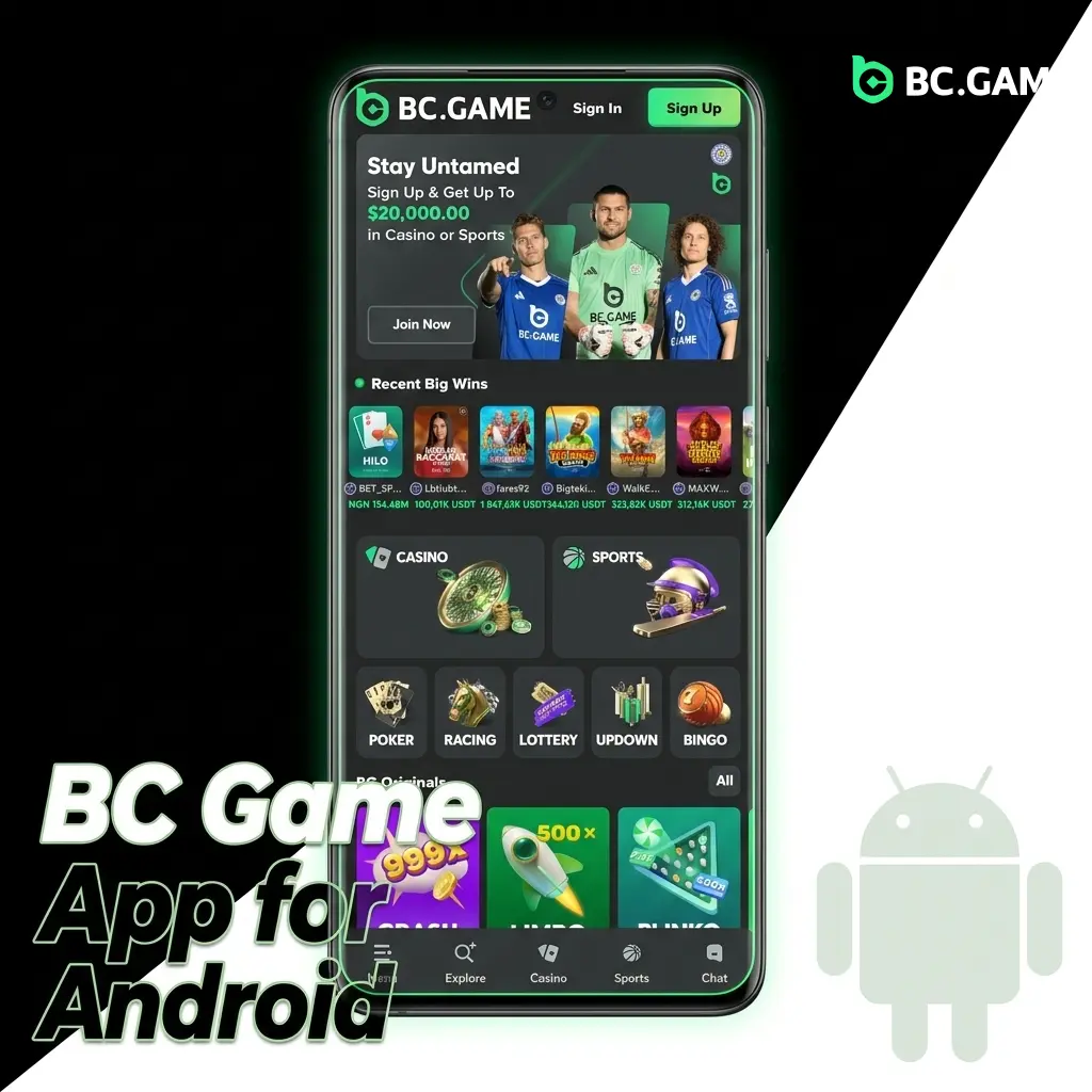 BC Game app APK download for Android showing installation steps, requires Android 5.0+, 40MB storage, unknown sources enabled