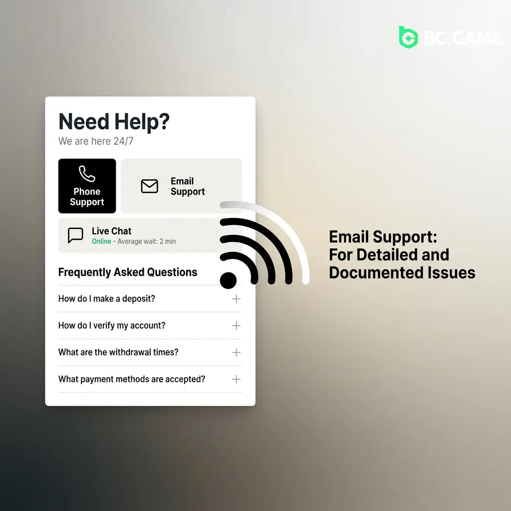 BC Game email support for KYC verification, account disputes, and payment issues with 24 to 48 hour response time