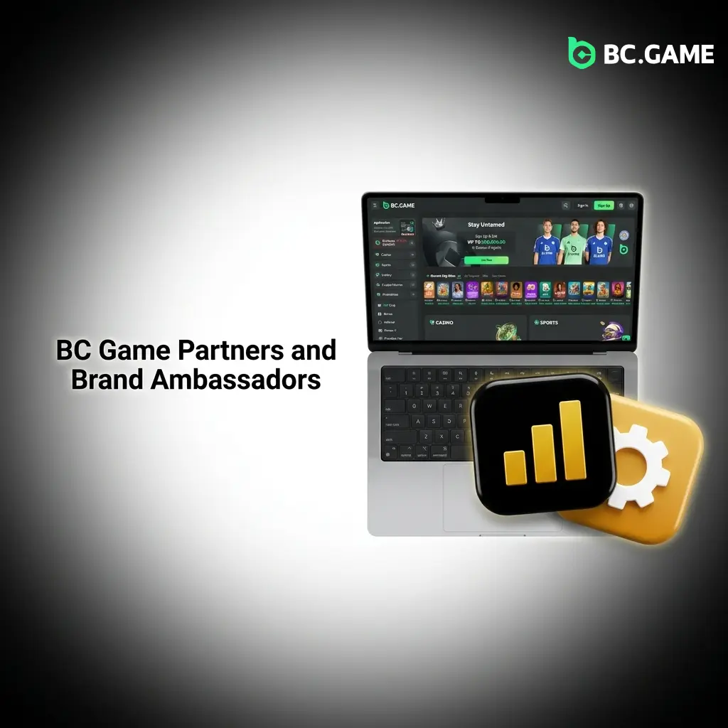BC Game partners including Lionel Messi, Sam Feldt, BWT Alpine F1 Team, and FC Barcelona Esports ambassadors
